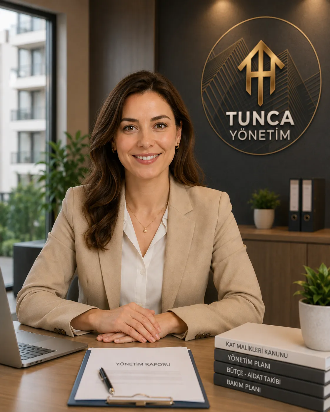 Tunca Yönetim'den bir uzman, ofisinde aylık yönetim raporu ve KMK kaynaklarıyla masasında